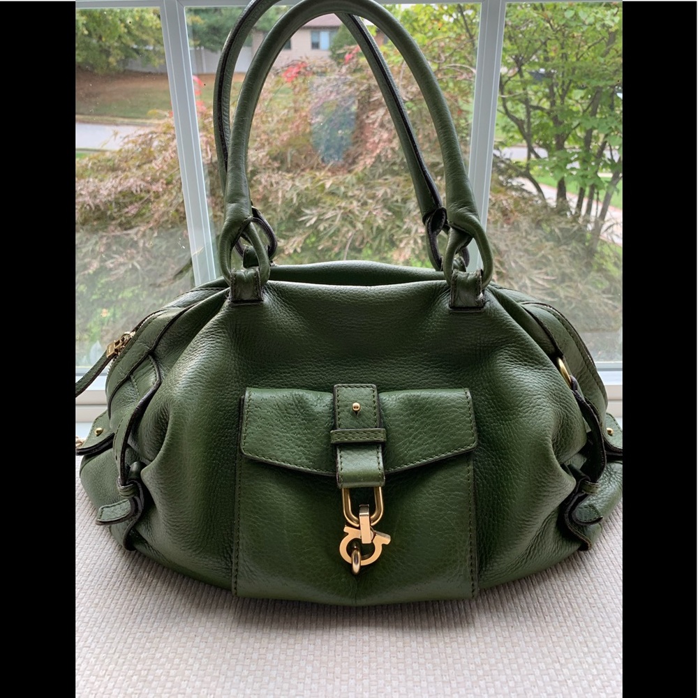 Salvatore Ferragamo Olive Green Leather Satchel with Gold Hardware